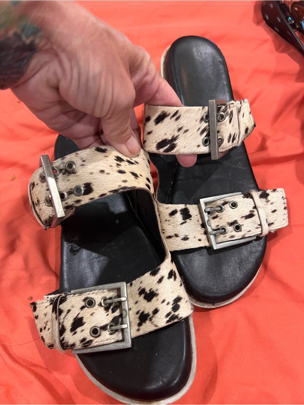 Women’s Black Footbed Sandals with Spotted Haircalf Straps